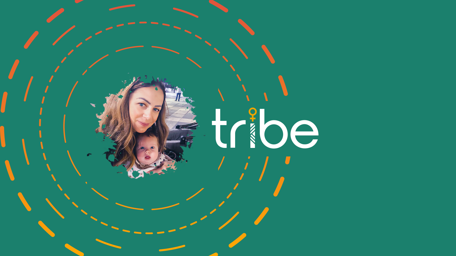 Tribe logo with International Women's Day symbol, with Lynda Strutton and her baby
