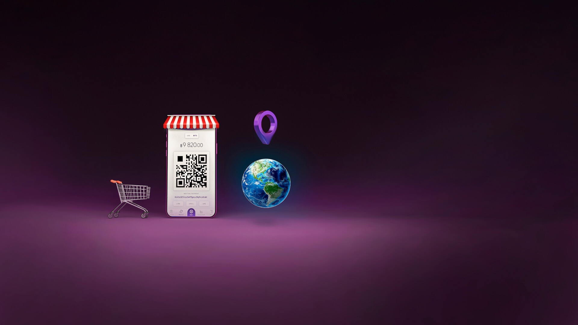 Shopping trolley, mobile payments, globe with pin on top, demonstrating merchant growth opportunities